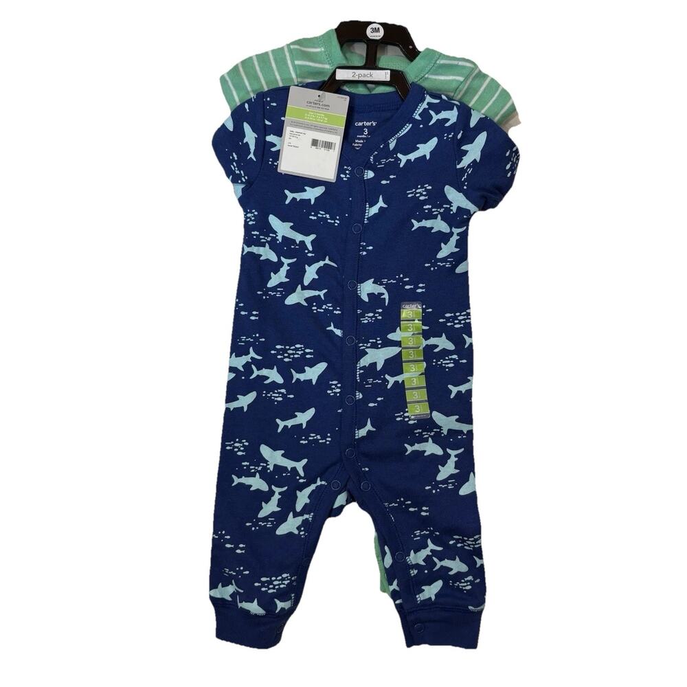 Carter's 3 Mo Boy's 2 Piece Long Sleeve Romper Set Blue Green Shark Scuba Dog